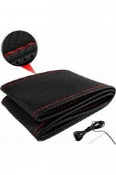 Dikmeli Deri Direksiyon Kılıfı Noktalı Delikli Kırmızı Ipli Standart 38cm - 1