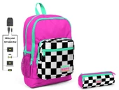 Coral High Pembe Damalı İlkokul Sırt Çantası ve Kalemlik Seti - Kız Çocuk - USB Soketli - 1