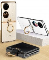 KNY Huawei P50 Pocket Kılıf Renkli Kenarlı Yüzüklü Kıpta Kapak Gri - 2