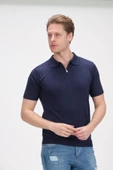 Erkek Fermuarlı Polo Yaka Pamuklu Kısa Kollu Basic Triko T-Shirt - 10