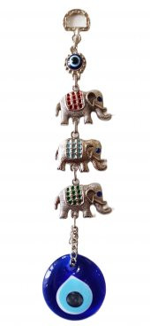 Nazar Boncuklu Mineli Gümüş Kaplama Üçlü Fil Duvar Süsü thumbnail 1