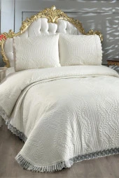 Limena Dantelli Kapitoneli Ultrasonik Çift Kişilik Yatak Örtüsü Krem thumbnail 5