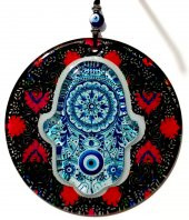 Mavi Nazar Boncuklu Kırmızı Ve Mavi Renkli Fatma Ana Bereket Eli Füzyon Cam Duvar Süsü thumbnail 1