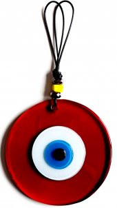 El Yapımı Vişne Kırmızısı Şeffaf Cam Nazarlık Deri İpli Duvar Süsü thumbnail 1