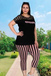 Büyük Beden Kısa Kol Pembe Çizgili Kapri Pijama Takımı Lady 10513 - 1