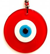 Nazar Boncuklu Deri İpli Tasarım Harikası Kırmızı Cam Duvar Süsü thumbnail 1