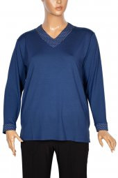 Cimariva Kadın Değer Büyük Beden V Yaka Puantiye indigo Bluz - 1