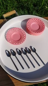 6 lı Kalp Desenli Çay Tabağı ve Paslanmaz Çay Kaşığı Seti Pembe - 1