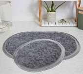 My Evilla Modern Dekoratif Halı Jel Kaymaz Taban Peluş Gri Desenli Saçaklı Oval Paspas Takımı 50x80 - 1