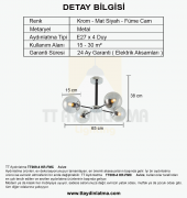 TT Aydınlatma TT009-4 KR  Krom Rengi Kaplama 4 lü Füme Camlı Lüks Avize - 3