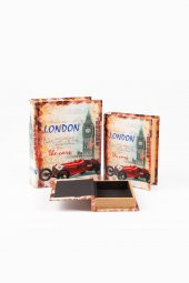 Ahşap Üçlü Kitap Kutusu Londra Temalı Deri Kaplama - 6