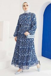 Şifon Bayan Elbise Simit Yakalı Kemerli Boydan Astarlı Mavi 7140 - 1