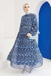 Şifon Bayan Elbise Simit Yakalı Kemerli Boydan Astarlı Mavi 7140 - 2