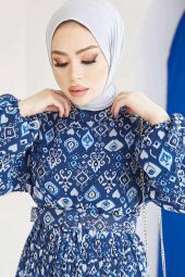 Şifon Bayan Elbise Simit Yakalı Kemerli Boydan Astarlı Mavi 7140 - 3