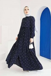 Çapa Desenli Elbise Tesettür Viskon Koton Kumaş Lacivert - 1
