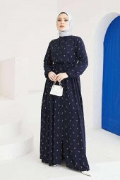 Çapa Desenli Elbise Tesettür Viskon Koton Kumaş Lacivert - 2