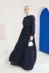 Çapa Desenli Elbise Tesettür Viskon Koton Kumaş Lacivert - 3