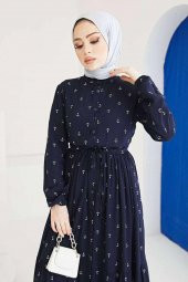 Çapa Desenli Elbise Tesettür Viskon Koton Kumaş Lacivert - 4