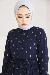 Çapa Desenli Elbise Tesettür Viskon Koton Kumaş Lacivert - 8