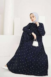 Çapa Desenli Elbise Tesettür Viskon Koton Kumaş Lacivert - 9