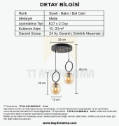 TT Aydınlatma TT014-2 SY  Mat Siyah - Bakır Bal Camlı 2 li Avize thumbnail 3