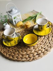 Den Tasarım Hediyelik Seramik 2 kişilik Kahve Fincan Seti Lokumluk Kaseli Sarı thumbnail 2