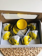 Den Tasarım Hediyelik Seramik 6 kişilik Kahve Fincan Seti ve lokumluk kase Sarı - 2