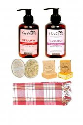 Parnassos Aromaterapi Çilek&Yasemin Masaj Yağı 300ML&Yüz Kesesi &Doğal Sabun x2 &Ekoseli Peştamal - 1