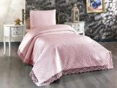 Simirna Dantelli Kapitoneli Tek Kişilik Yatak Örtüsü Pudra thumbnail 1