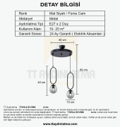 TT Aydınlatma TT016-2 SY  Mat Siyah Füme Camlı 2 li Avize - 3