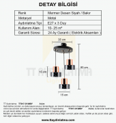 TT Aydınlatma TT017-3Y-MSY  Mermer Desen 3 lü Yuvarlak Siyah Avize - 3