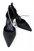 Siyah Saten Bilekten Bağlamalı Taşlı Stiletto Kadeh Topuklu Ayakkabı - Glossy - 4