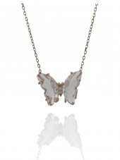 925 Gümüş Üst Kalite Pink Quartz Kelebek Kolye - 2