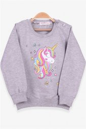 Kız Çocuk Sweatshirt Baskılı Pullu Unicorn Gri Melanj Casual Soft (2-6 Yaş) - 2