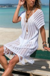 Kadın Eteği Püsküllü V Yaka Ajurlu Beyaz Triko Elbise - 2