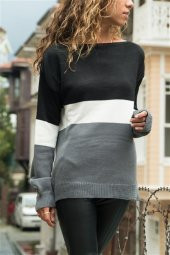 Kadın Üç Bloklu Kazak Antrasit-Ekru-Gri - 1