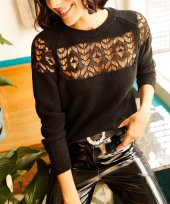 Kadın Siyah Dantel Detaylı Triko Kazak - 1