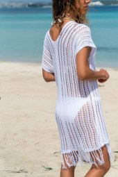 Kadın Eteği Püsküllü V Yaka Ajurlu Beyaz Triko Elbise - 3