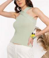 Kadın Fitilli Omzu Açık Triko Bluz Yeşil - 2