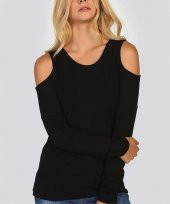 Kadın Siyah Omzu Açık Bisiklet Yaka Bluz - 1