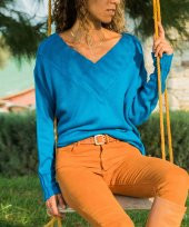 Kadın Mavi V Yaka Kazak thumbnail 1