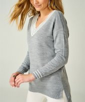 Kadın Gri V Yaka Şeritli Kazak - 1