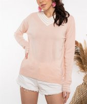 Kadın Pudra V Yaka Kolu Çizgili Triko Kazak - 1