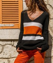 Kadın Siyah V Yaka Renk Bloklu Kazak thumbnail 2