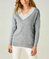 Kadın Gri V Yaka Şeritli Kazak - 2