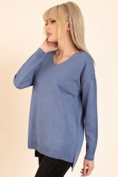 Kadın İndigo Mavisi V Yaka Mevsimlik Kazak - 2