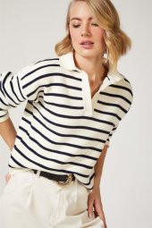 Kadın Beyaz Polo Yaka Crop Kesim Triko Kazak - 1