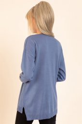 Kadın İndigo Mavisi V Yaka Mevsimlik Kazak - 3