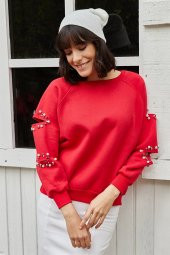 Kadın Kolu Kesik Inci Detaylı Kırmızı Kazak - 2