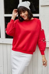 Kadın Kolu Kesik Inci Detaylı Kırmızı Kazak - 3